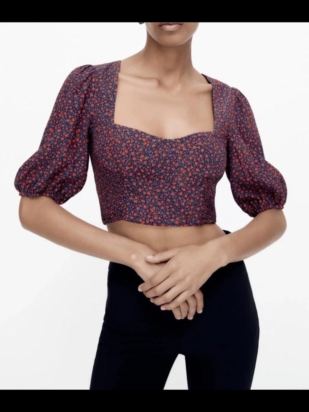 Zara Navy Crop Top with Red Floral Print